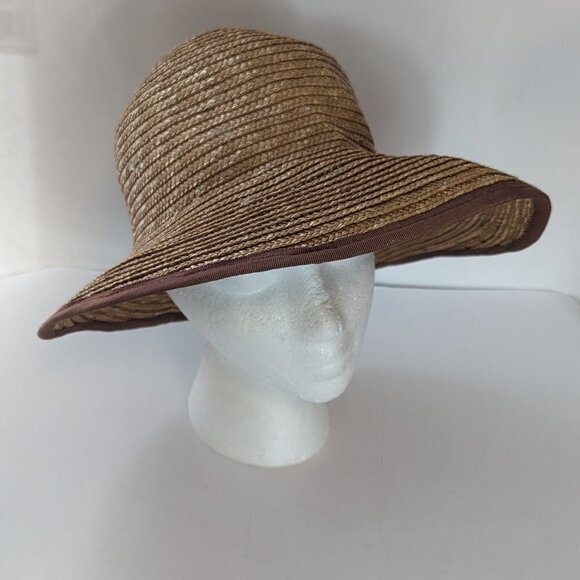 Vintage Liz Claiborne Straw Hat, High Low Brown Fabric Trim Sun Beach - Picture 8 of 9